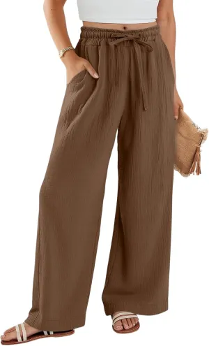 NBXNZWF Women's Linen Pants Wide Leg Elastic High Waisted Pull On Trousers Flowy Summer Beach Palazzo Pants with Pockets