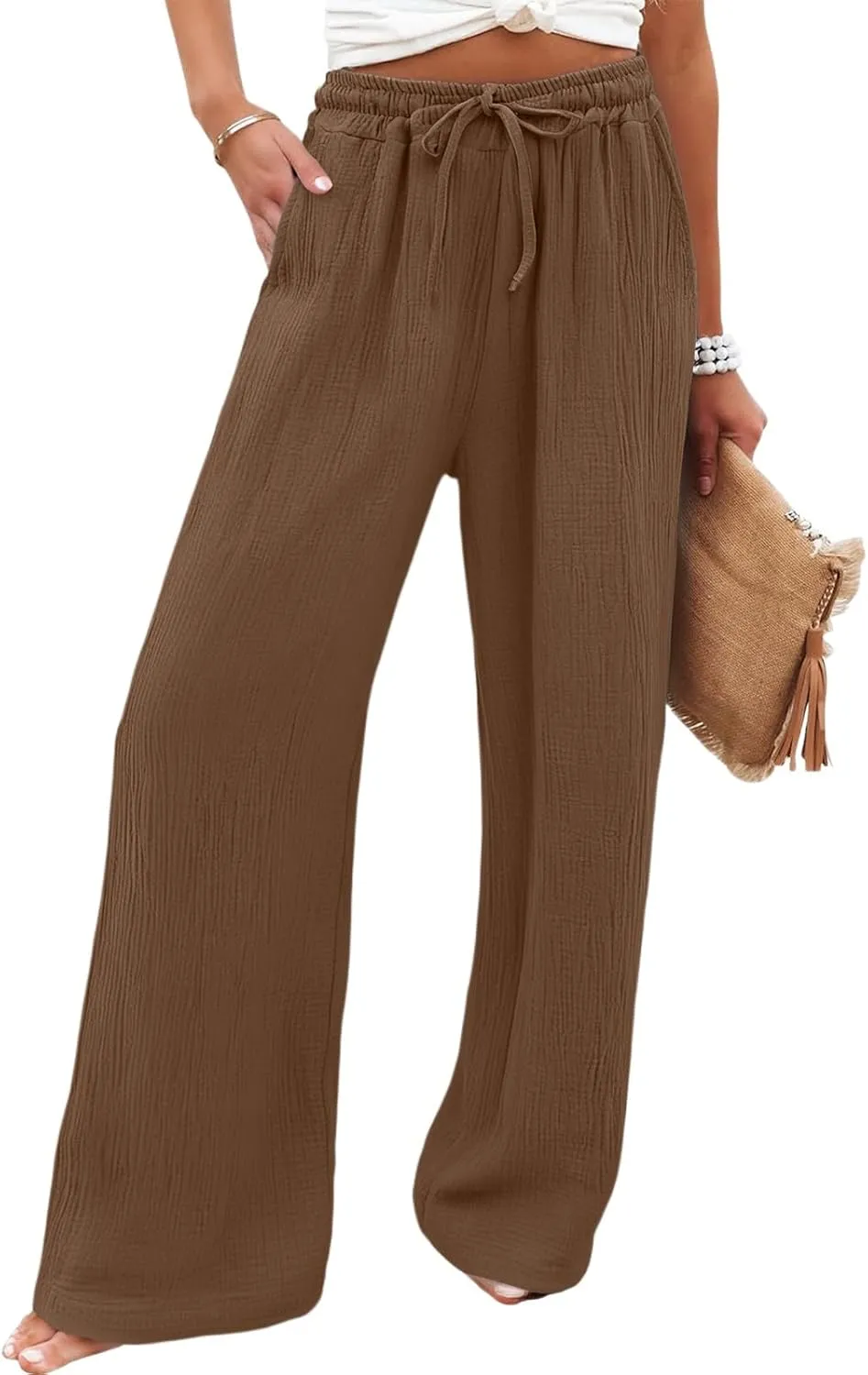 NBXNZWF Women's Linen Pants Wide Leg Elastic High Waisted Pull On Trousers Flowy Summer Beach Palazzo Pants with Pockets