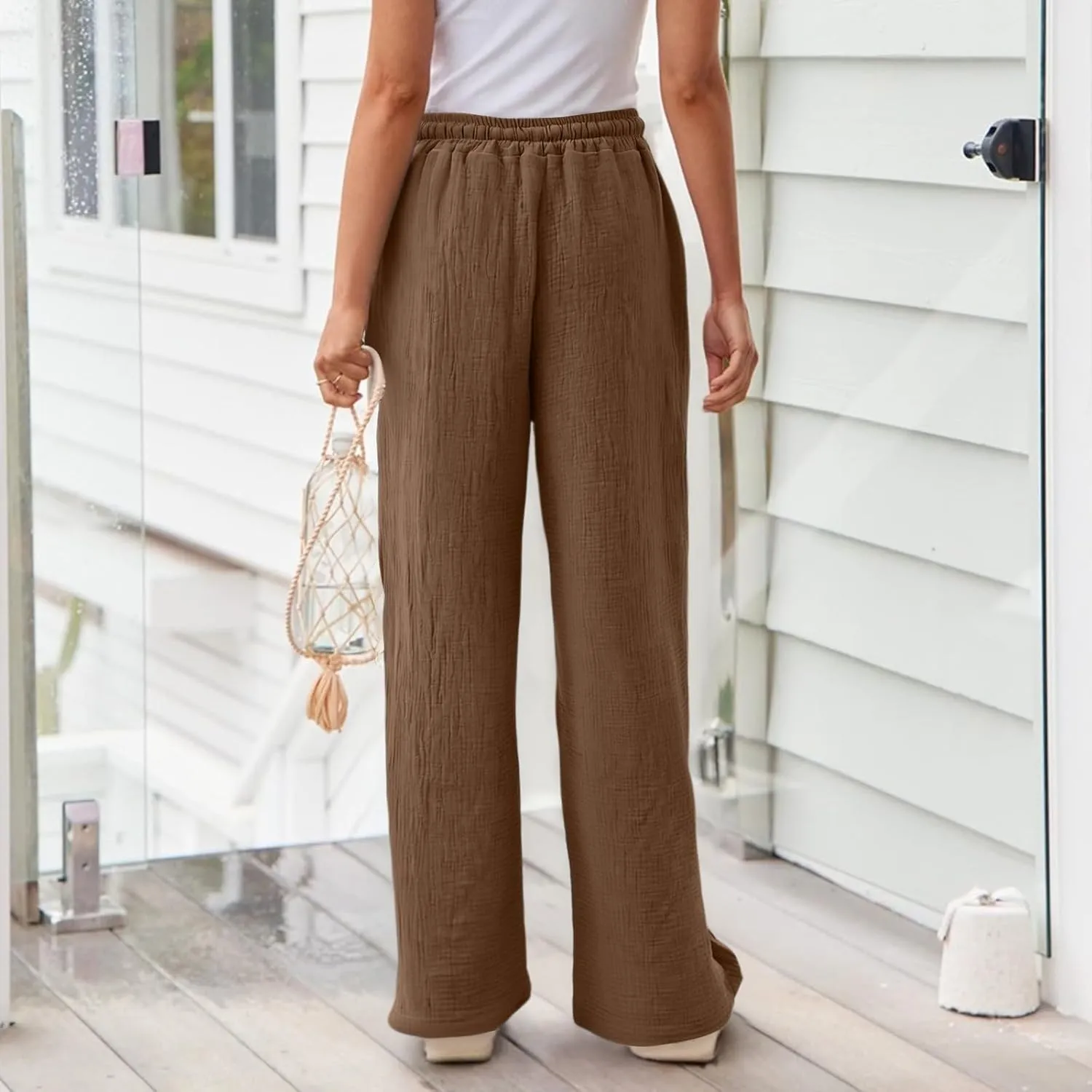 NBXNZWF Women's Linen Pants Wide Leg Elastic High Waisted Pull On Trousers Flowy Summer Beach Palazzo Pants with Pockets