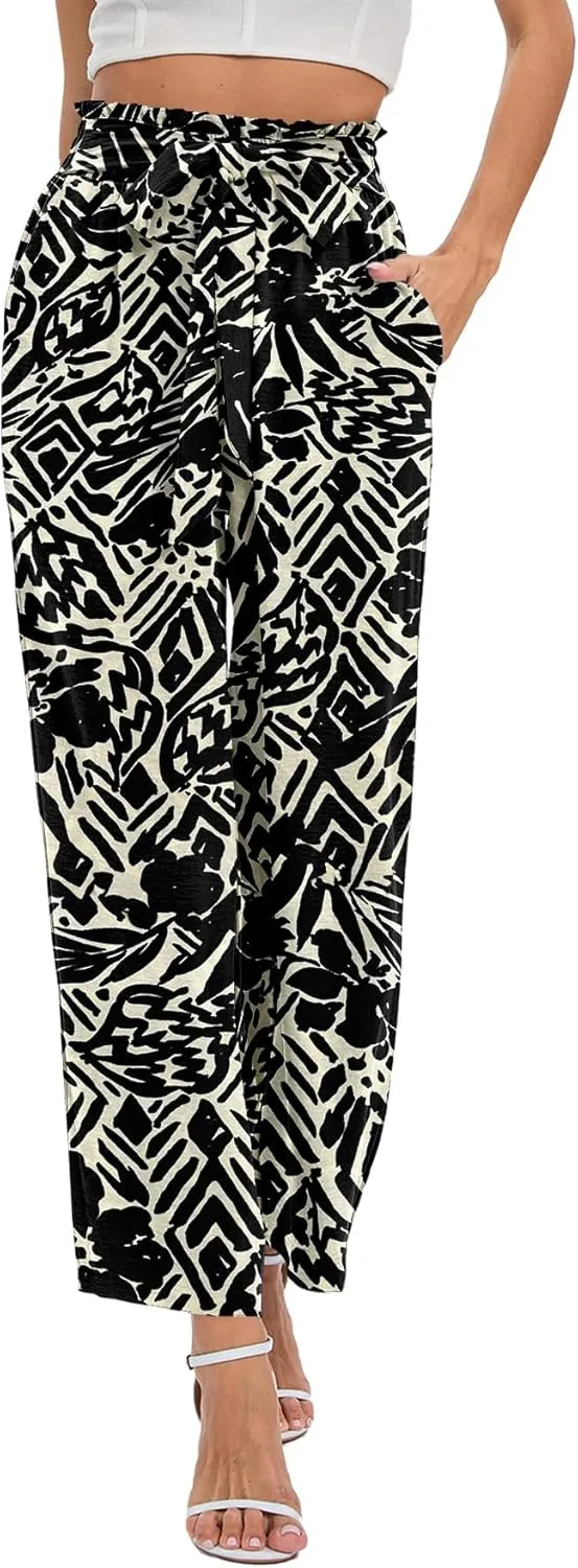 NILOUFO Women's Casual Wide Leg Pants High Waisted Lightweight Loose Long Trousers with Pockets Adjustable Tie Knot