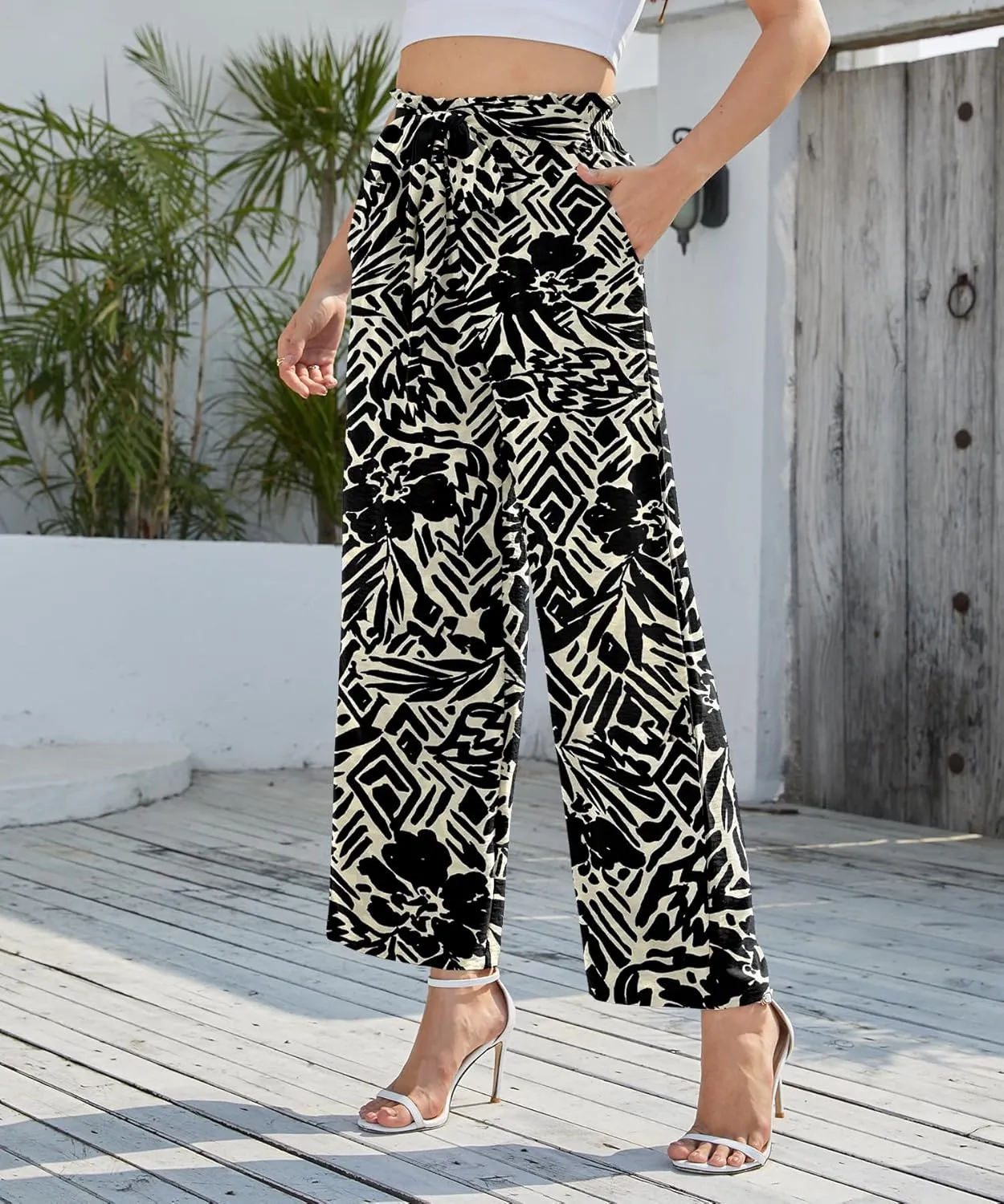 NILOUFO Women's Casual Wide Leg Pants High Waisted Lightweight Loose Long Trousers with Pockets Adjustable Tie Knot