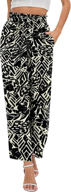 NILOUFO Women's Casual Wide Leg Pants High Waisted Lightweight Loose Long Trousers with Pockets Adjustable Tie Knot