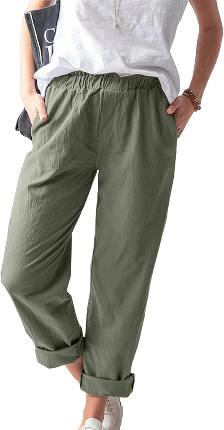 niuwa Cotton Linen Trousers for Women Elastic Waist Solid Color Casual Pants with Pockets Summer Boho Pants