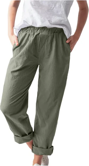 niuwa Cotton Linen Trousers for Women Elastic Waist Solid Color Casual Pants with Pockets Summer Boho Pants