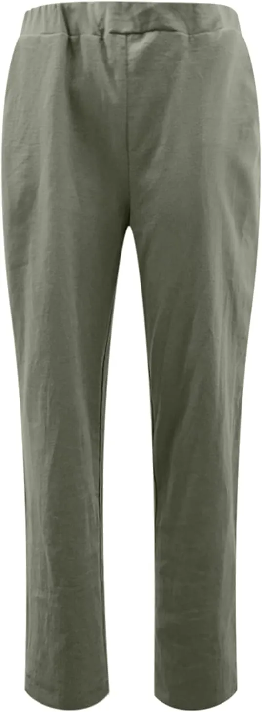 niuwa Cotton Linen Trousers for Women Elastic Waist Solid Color Casual Pants with Pockets Summer Boho Pants