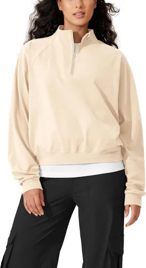 ODODOS Women's Purevibe Cotton Half-Zip Pullover Funnel Neck Sweatshirts Long Sleeve Tops
