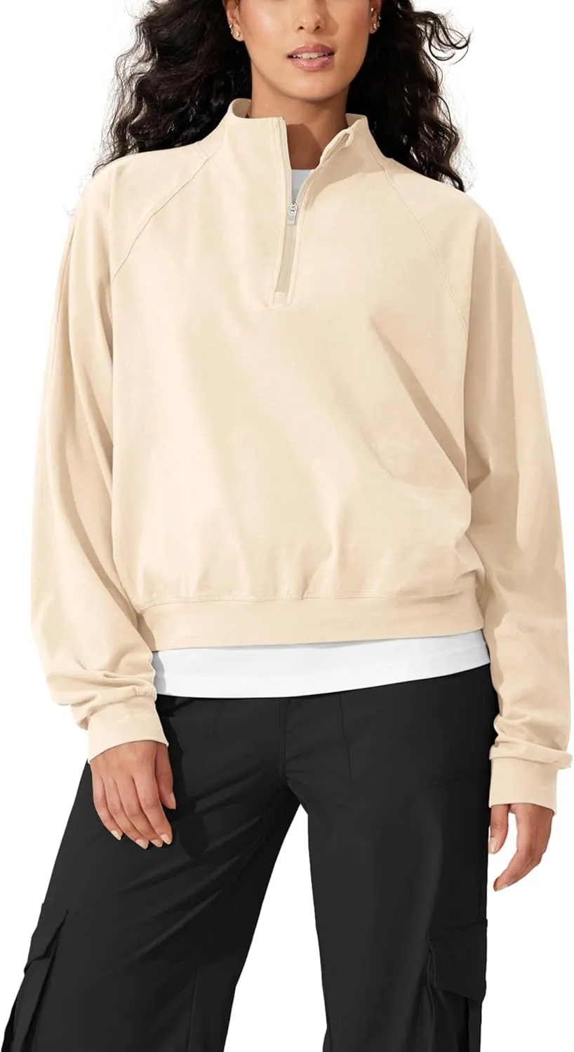 ODODOS Women's Purevibe Cotton Half-Zip Pullover Funnel Neck Sweatshirts Long Sleeve Tops