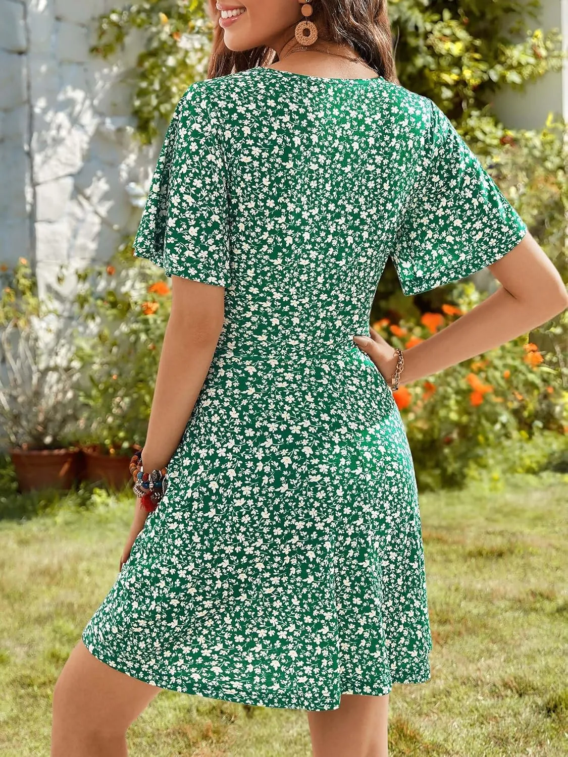 OURIN Women's Wrap V Neck Ruffle Sleeve Sundress Floral Mini Summer Dresses with Pockets 2024