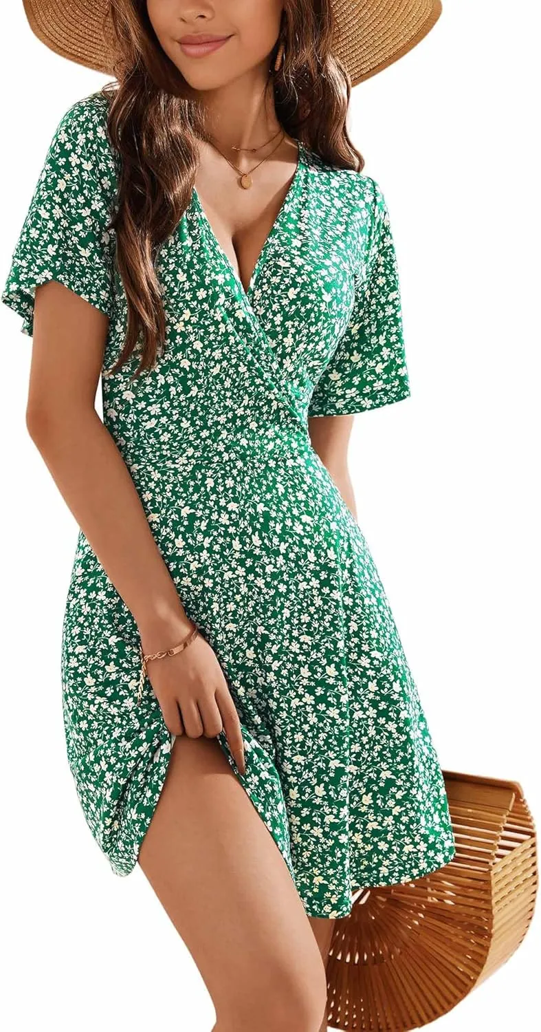 OURIN Women's Wrap V Neck Ruffle Sleeve Sundress Floral Mini Summer Dresses with Pockets 2024