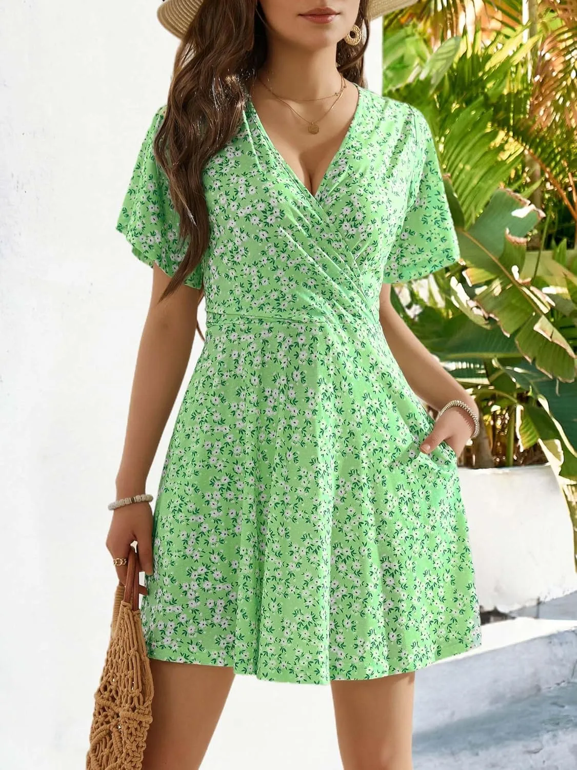 OURIN Women's Wrap V Neck Ruffle Sleeve Sundress Floral Mini Summer Dresses with Pockets 2024