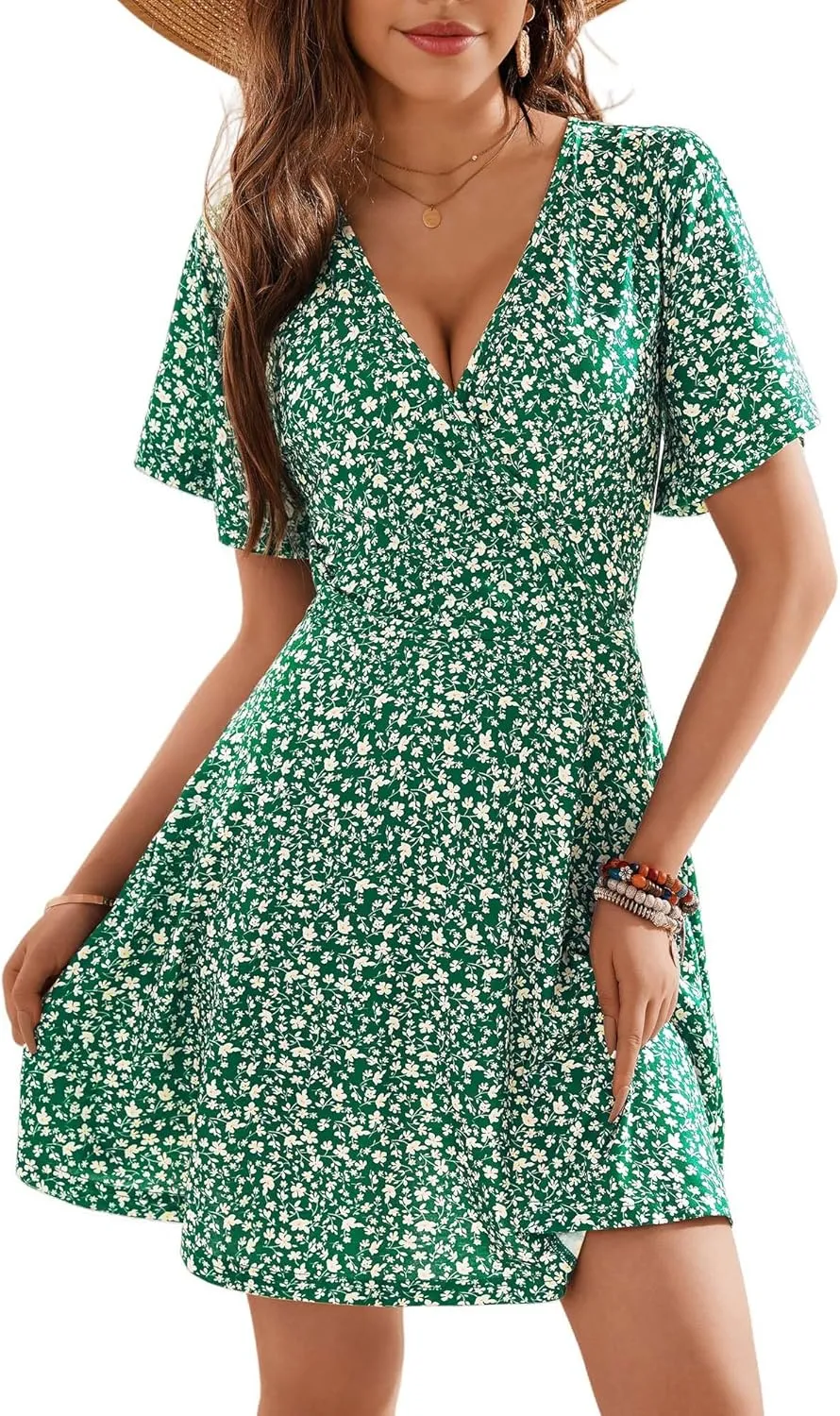 OURIN Women's Wrap V Neck Ruffle Sleeve Sundress Floral Mini Summer Dresses with Pockets 2024