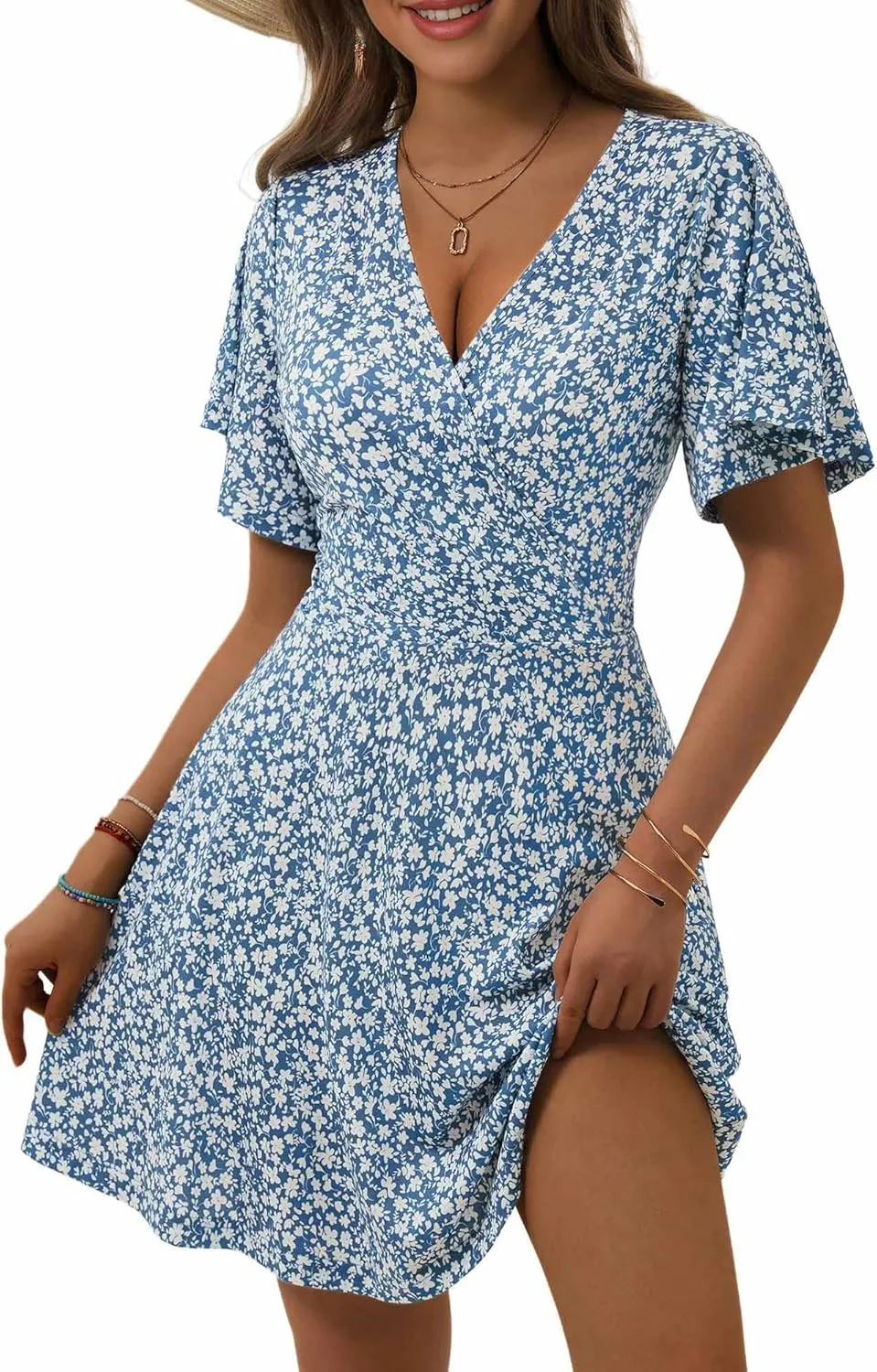 OURIN Women's Wrap V Neck Ruffle Sleeve Sundress Floral Mini Summer Dresses with Pockets 2024