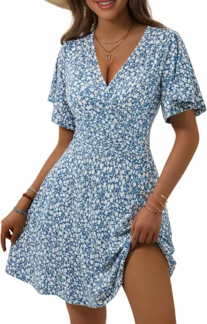 OURIN Women's Wrap V Neck Ruffle Sleeve Sundress Floral Mini Summer Dresses with Pockets 2024