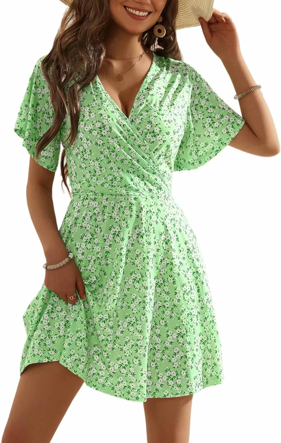 OURIN Women's Wrap V Neck Ruffle Sleeve Sundress Floral Mini Summer Dresses with Pockets 2024
