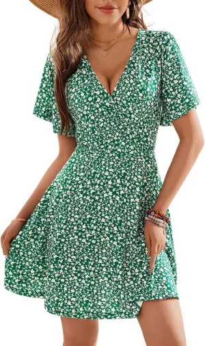 OURIN Women's Wrap V Neck Ruffle Sleeve Sundress Floral Mini Summer Dresses with Pockets 2024