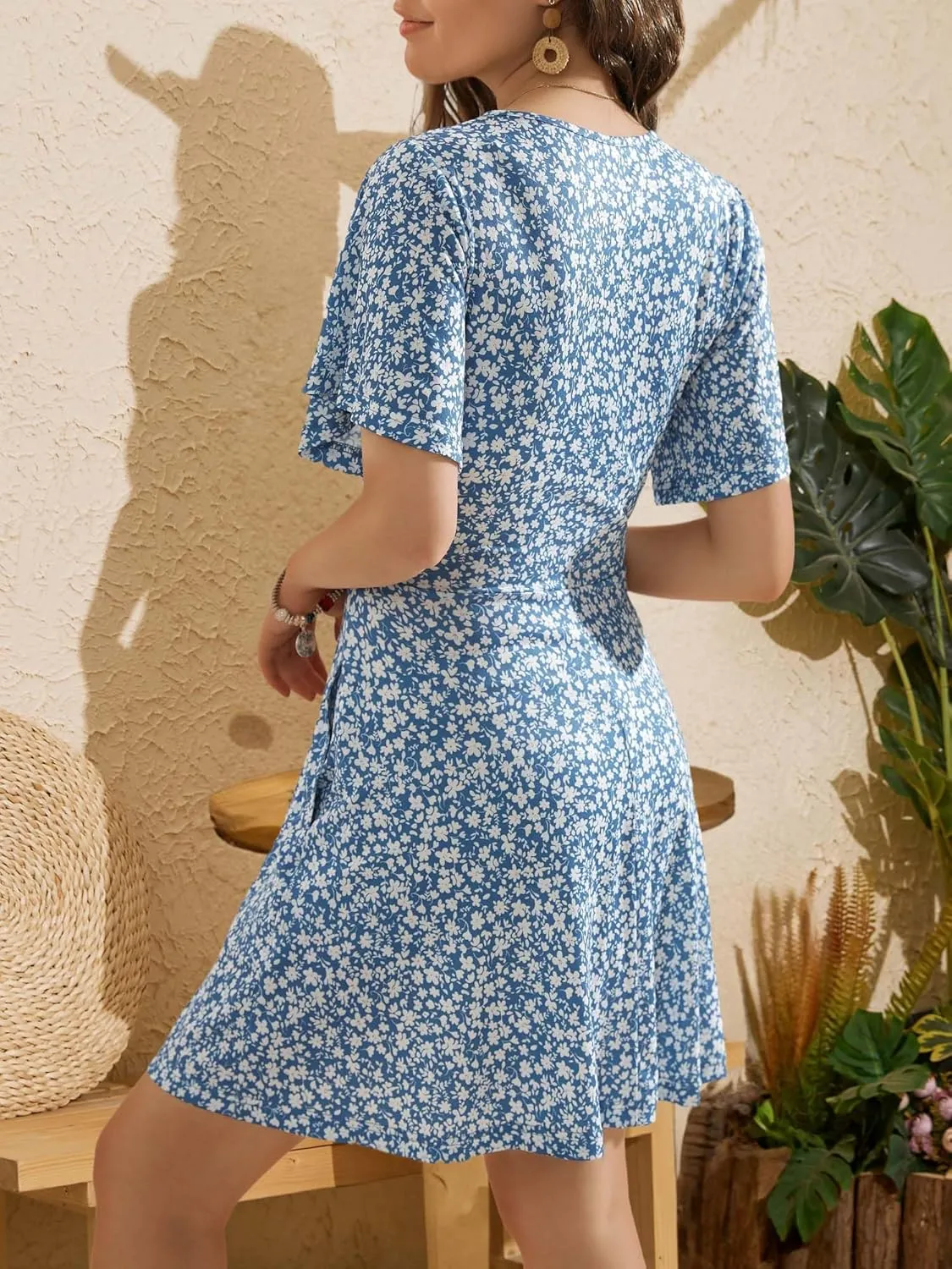 OURIN Women's Wrap V Neck Ruffle Sleeve Sundress Floral Mini Summer Dresses with Pockets 2024
