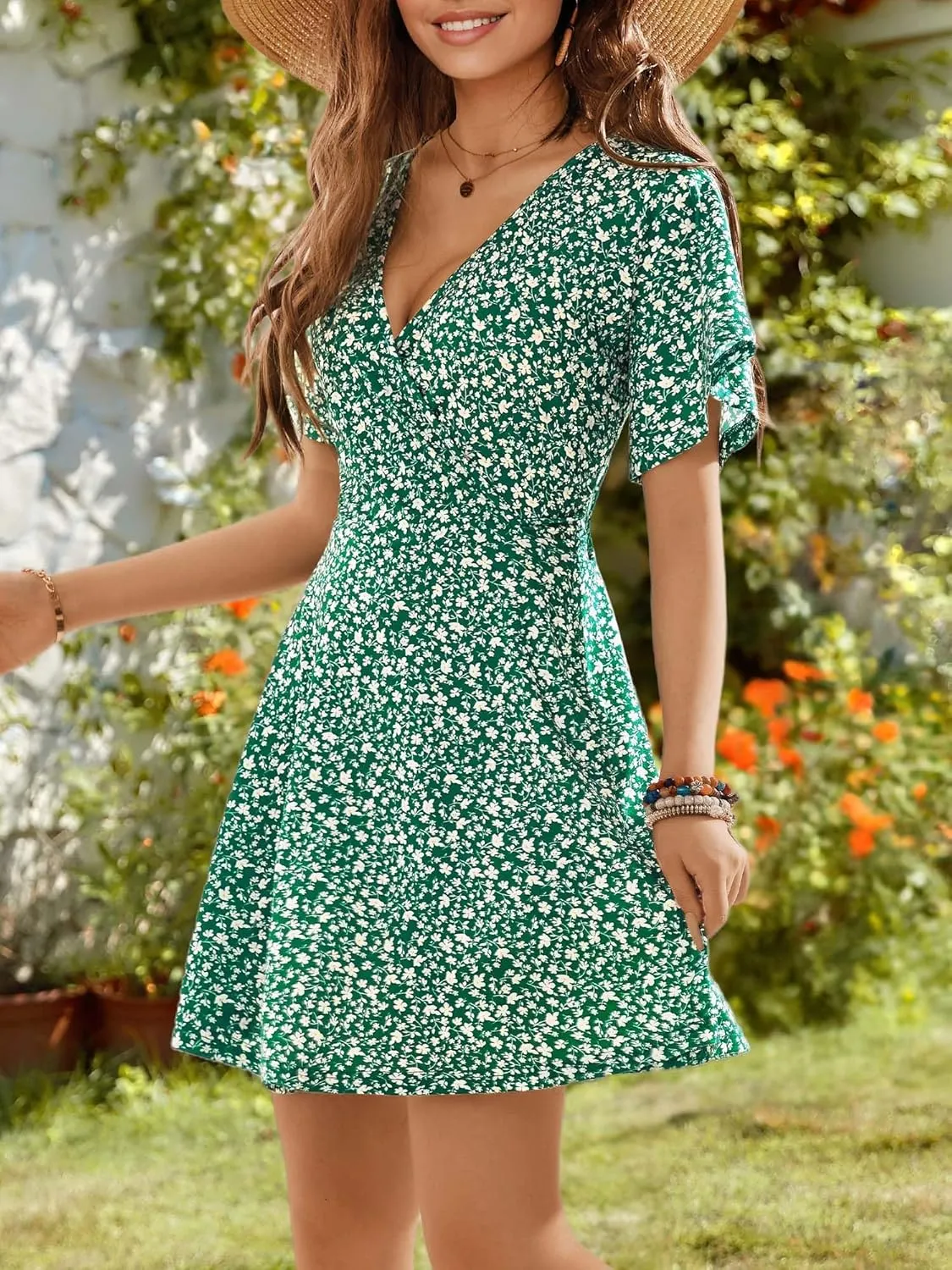 OURIN Women's Wrap V Neck Ruffle Sleeve Sundress Floral Mini Summer Dresses with Pockets 2024