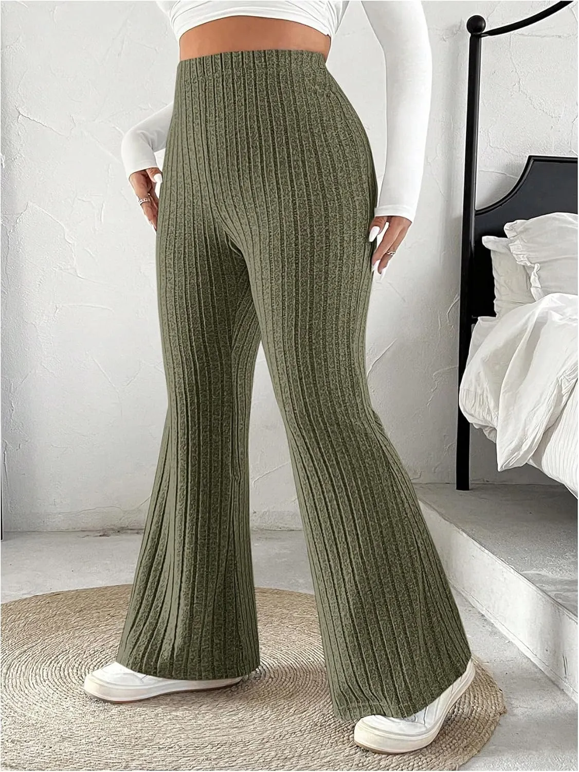 OYOANGLE Women's Plus Size High Waist Flared Pants Casual Ribbed Knit Bell Bottom Trousers