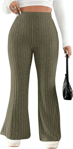 OYOANGLE Women's Plus Size High Waist Flared Pants Casual Ribbed Knit Bell Bottom Trousers