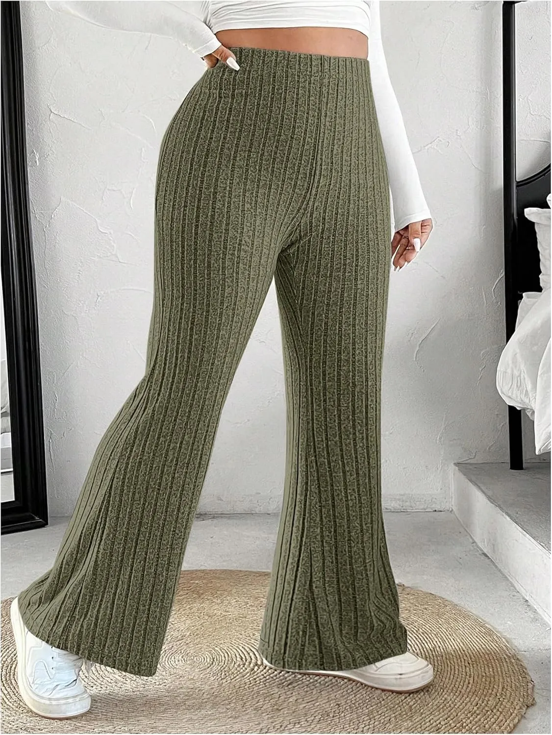 OYOANGLE Women's Plus Size High Waist Flared Pants Casual Ribbed Knit Bell Bottom Trousers