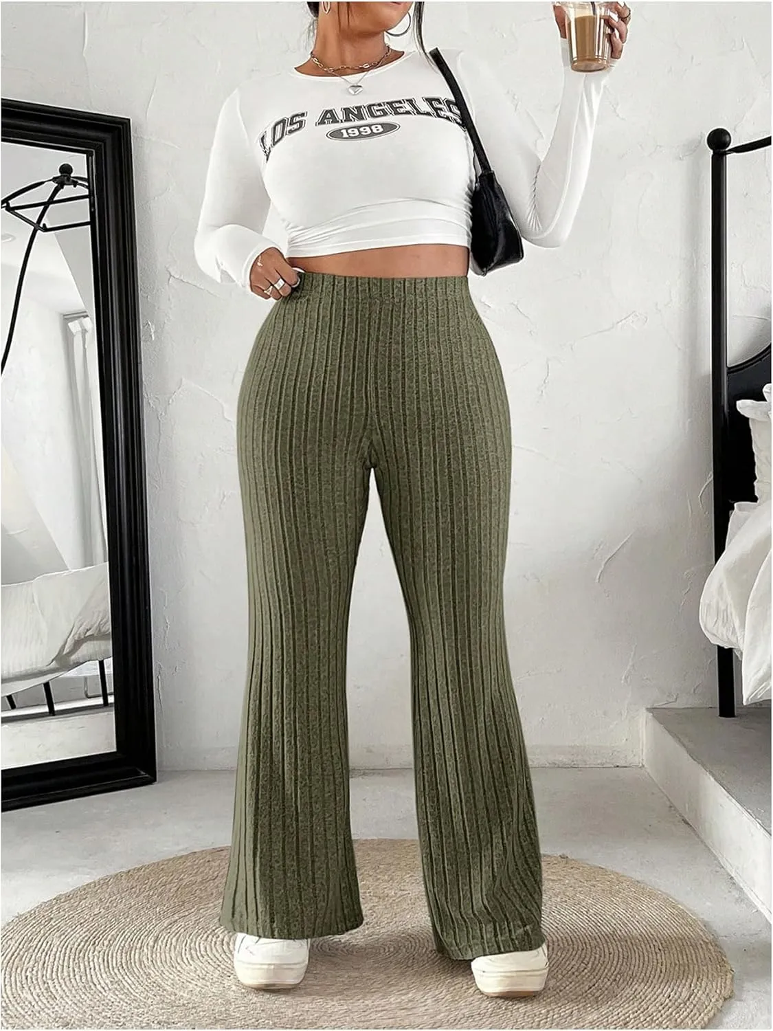 OYOANGLE Women's Plus Size High Waist Flared Pants Casual Ribbed Knit Bell Bottom Trousers