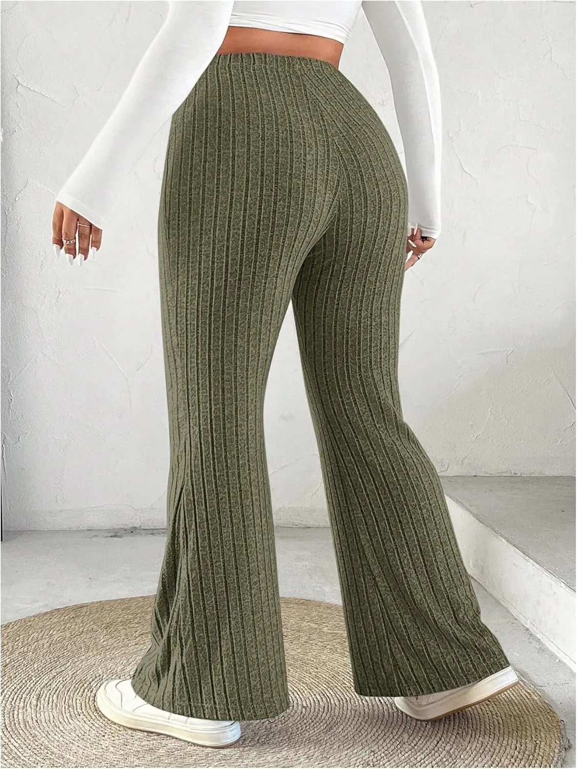 OYOANGLE Women's Plus Size High Waist Flared Pants Casual Ribbed Knit Bell Bottom Trousers