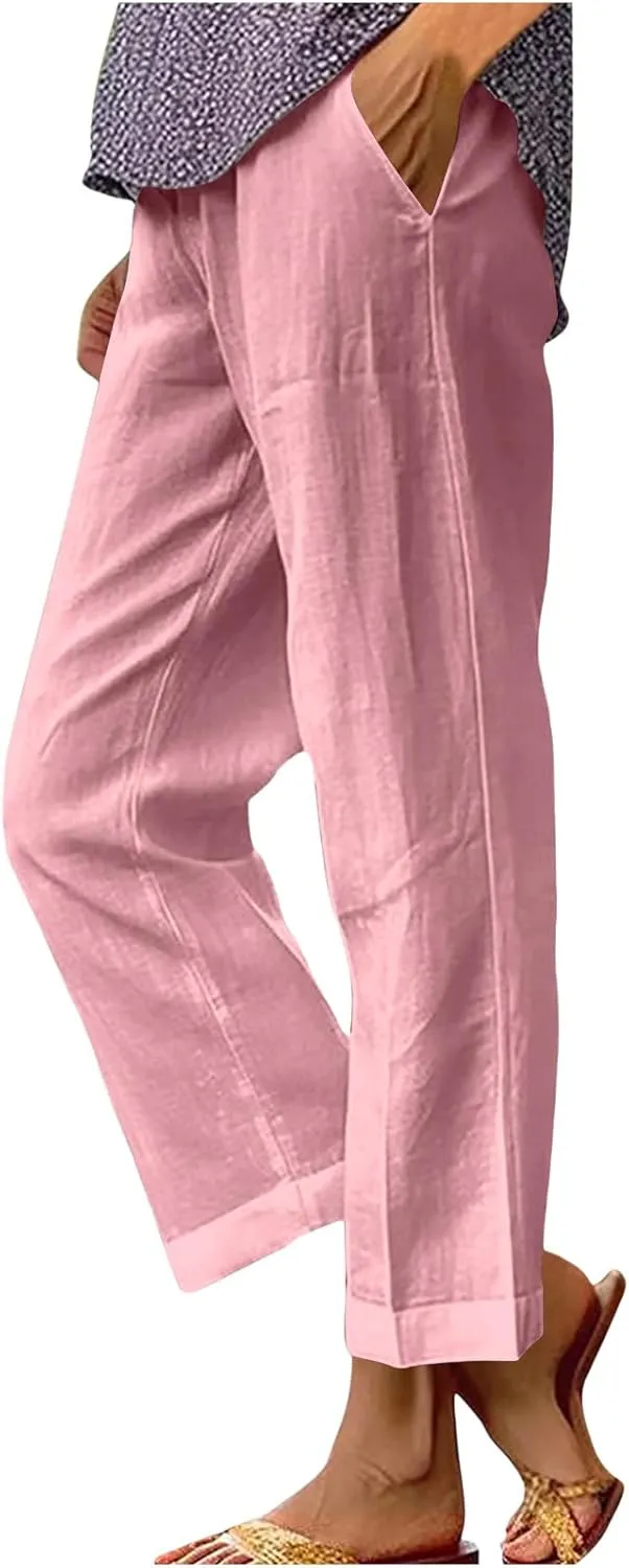 Palazzo Pants for Women Palazzo Wide Leg Cotton Linen Pants 2025 Summer Vacation Beach Long Trousers with Pockets