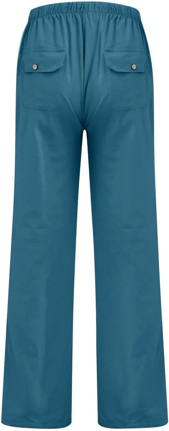 Pants for Women Cotton Linen Wide Leg Pants Casual Summer Boho Baggy Sport Trouser with Pockets Drawstring Loose Pant