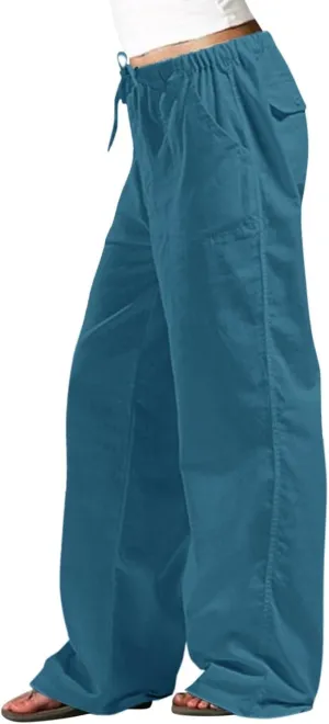 Pants for Women Cotton Linen Wide Leg Pants Casual Summer Boho Baggy Sport Trouser with Pockets Drawstring Loose Pant