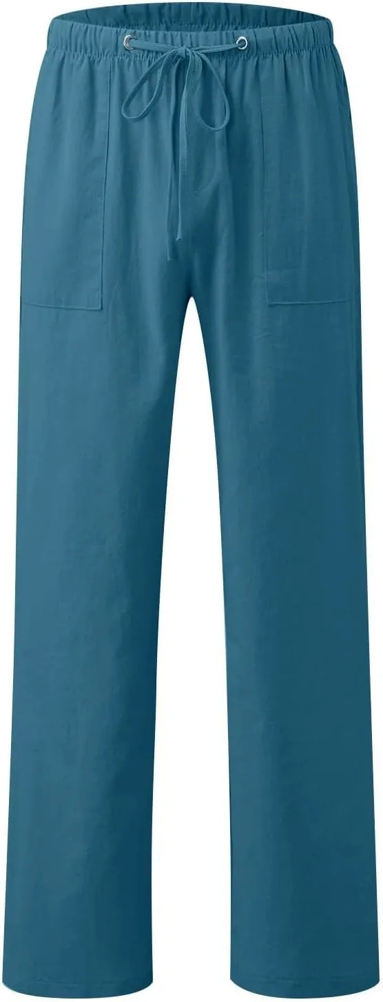 Pants for Women Cotton Linen Wide Leg Pants Casual Summer Boho Baggy Sport Trouser with Pockets Drawstring Loose Pant