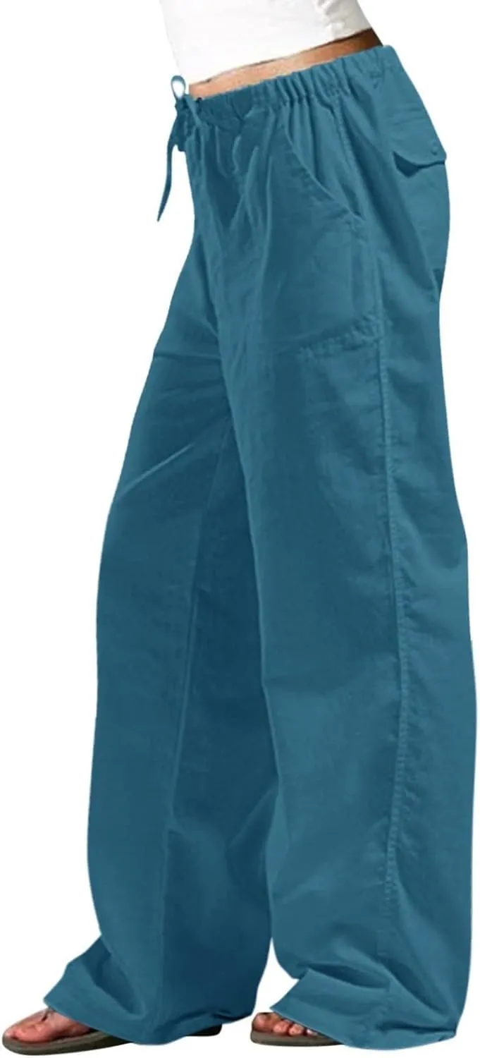 Pants for Women Cotton Linen Wide Leg Pants Casual Summer Boho Baggy Sport Trouser with Pockets Drawstring Loose Pant