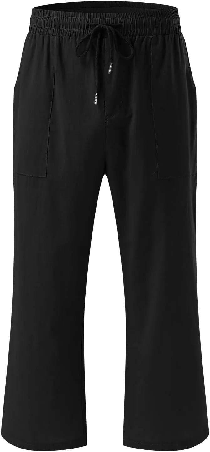 Petite Pants For Women Summer Cropped Linen Trouser Elastic Waist Drawstring 3/4 Length Pant Lightweight Loose Pant