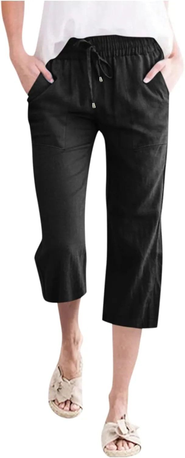 Petite Pants For Women Summer Cropped Linen Trouser Elastic Waist Drawstring 3/4 Length Pant Lightweight Loose Pant