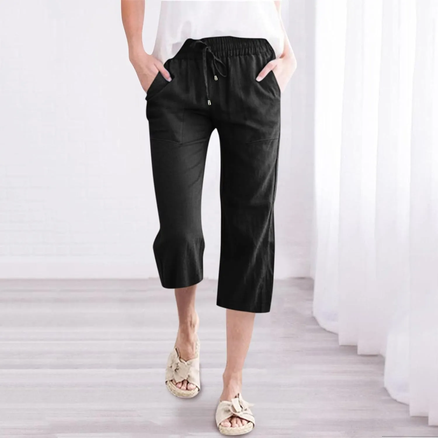 Petite Pants For Women Summer Cropped Linen Trouser Elastic Waist Drawstring 3/4 Length Pant Lightweight Loose Pant