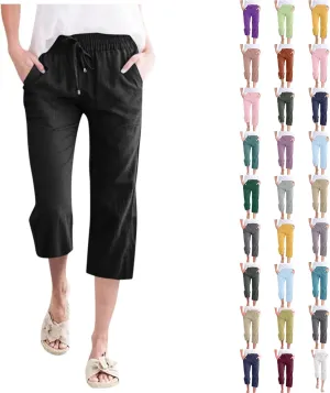 Petite Pants For Women Summer Cropped Linen Trouser Elastic Waist Drawstring 3/4 Length Pant Lightweight Loose Pant