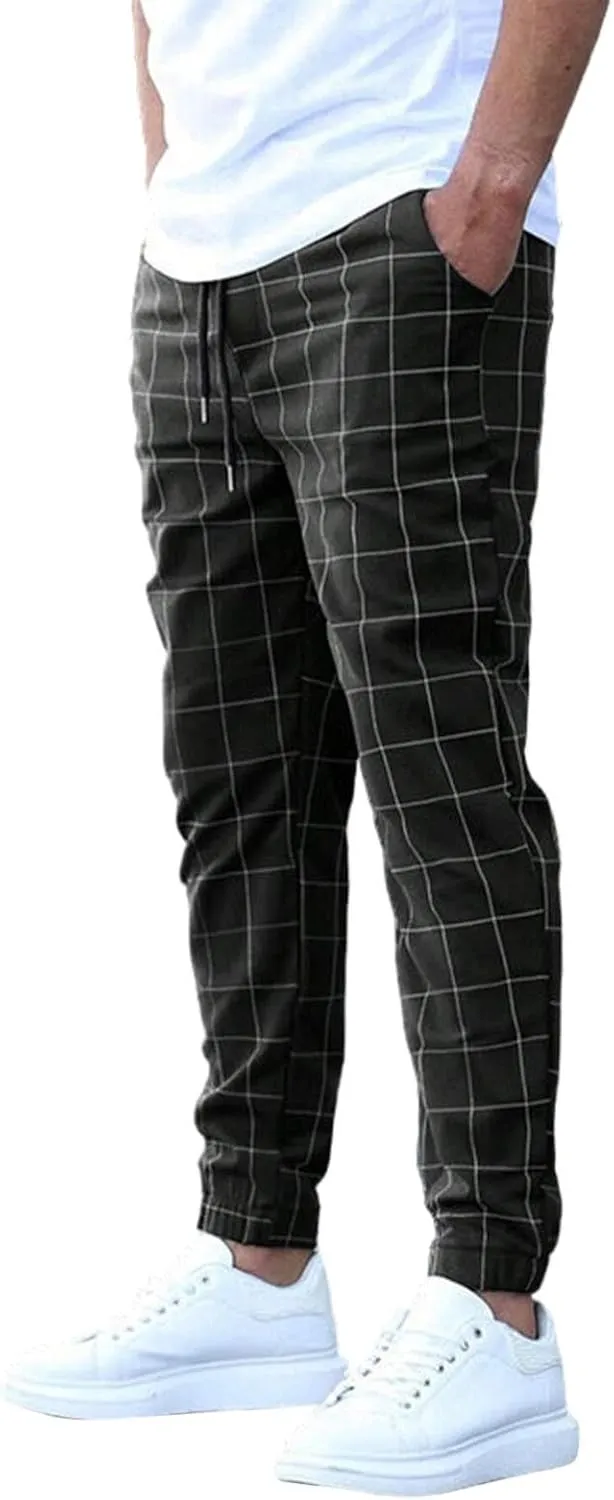 Plaid Pants for Men Summer Outdoor Casual Slacks Lightweight Drawstring Elastic Waist Tapered Trousers with Pocket