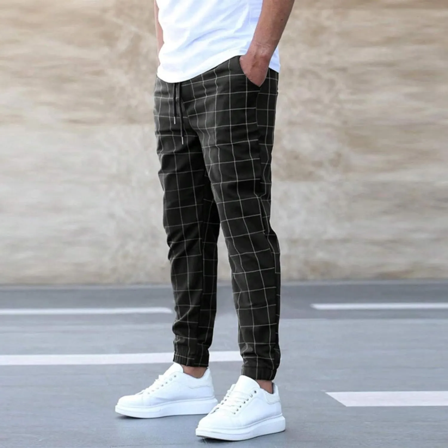 Plaid Pants for Men Summer Outdoor Casual Slacks Lightweight Drawstring Elastic Waist Tapered Trousers with Pocket