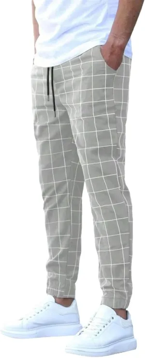 Plaid Pants for Men Summer Outdoor Casual Slacks Lightweight Drawstring Elastic Waist Tapered Trousers with Pocket