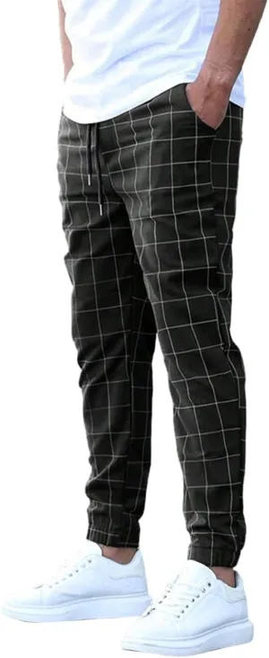 Plaid Pants for Men Summer Outdoor Casual Slacks Lightweight Drawstring Elastic Waist Tapered Trousers with Pocket