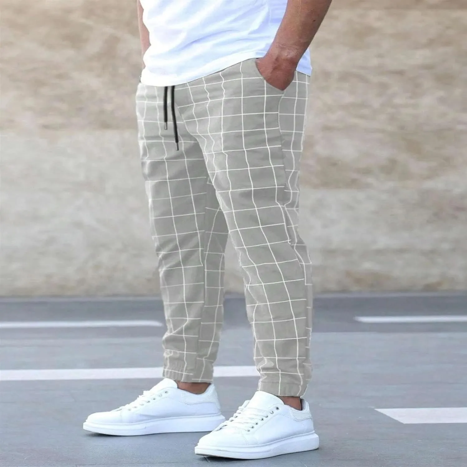 Plaid Pants for Men Summer Outdoor Casual Slacks Lightweight Drawstring Elastic Waist Tapered Trousers with Pocket