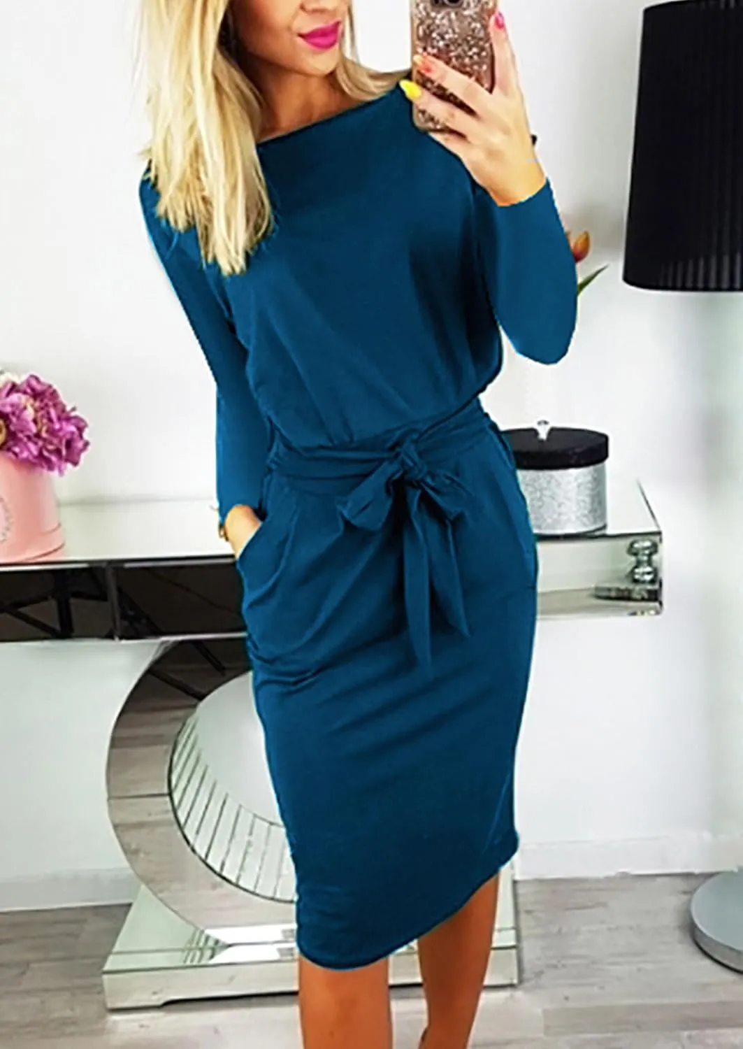 PRETTYGARDEN Women's Fall Bodycon Party Dress Casual Long Sleeve Tie Waist Fitted Sheath Pencil Dresses with Pockets