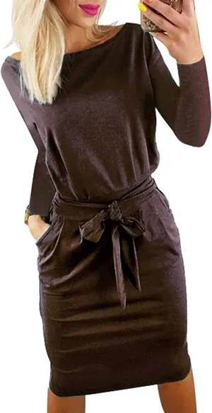 PRETTYGARDEN Women's Fall Bodycon Party Dress Casual Long Sleeve Tie Waist Fitted Sheath Pencil Dresses with Pockets