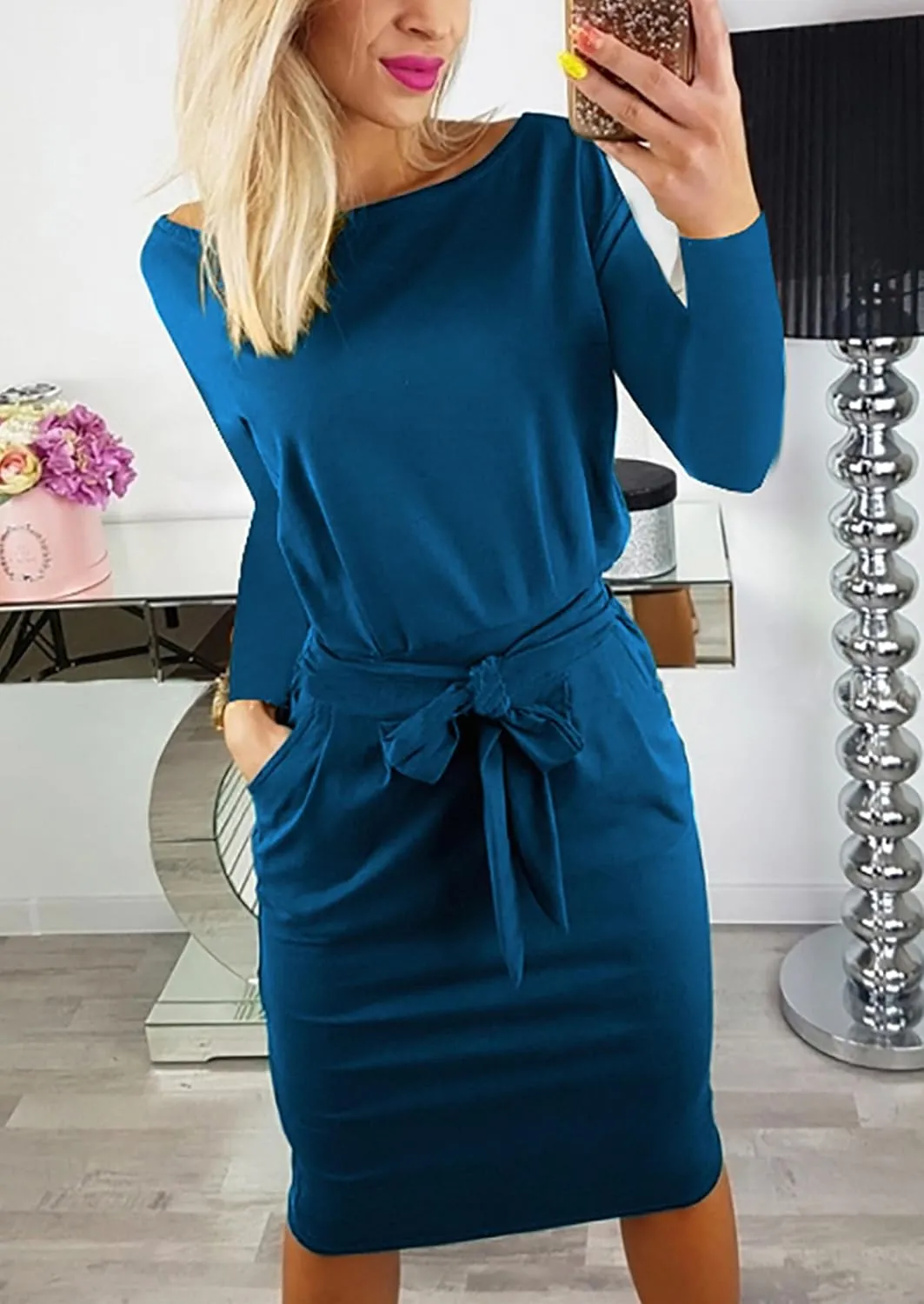PRETTYGARDEN Women's Fall Bodycon Party Dress Casual Long Sleeve Tie Waist Fitted Sheath Pencil Dresses with Pockets