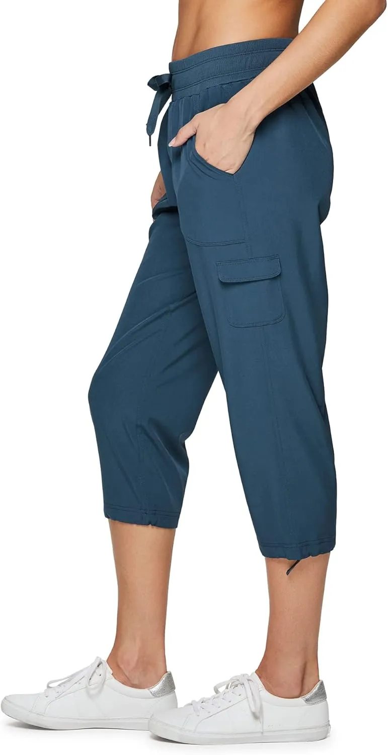 RBX Active Women's Cargo Capri Pant with Pockets Fashion Lightweight Woven with Drawstring