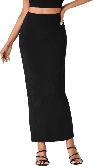 Rooscier Women's Bodycon Ribbed Knit Skirt Pencil Skirt Split Back Elastic High Waisted Maxi Long Skirt