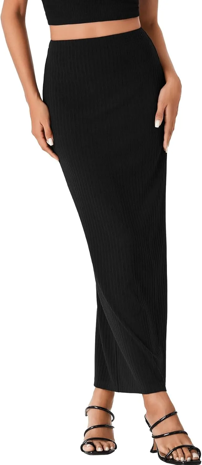 Rooscier Women's Bodycon Ribbed Knit Skirt Pencil Skirt Split Back Elastic High Waisted Maxi Long Skirt