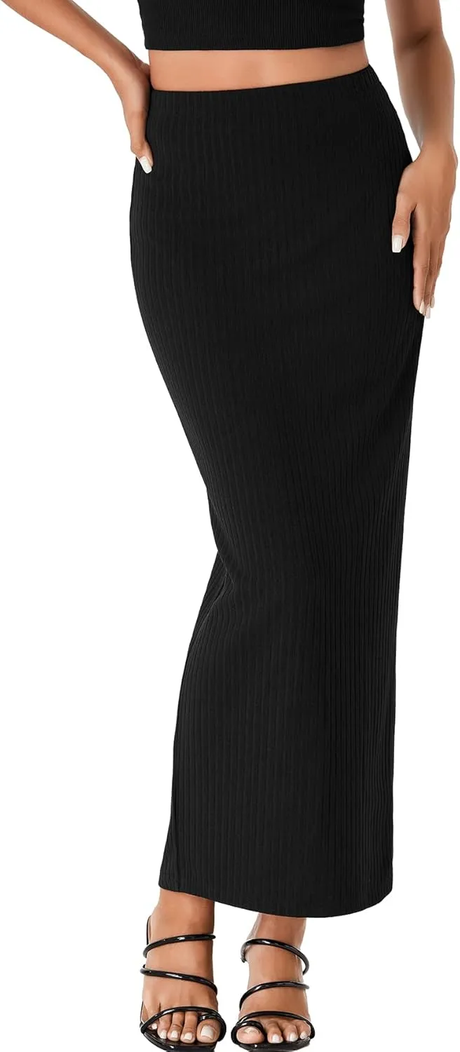 Rooscier Women's Bodycon Ribbed Knit Skirt Pencil Skirt Split Back Elastic High Waisted Maxi Long Skirt
