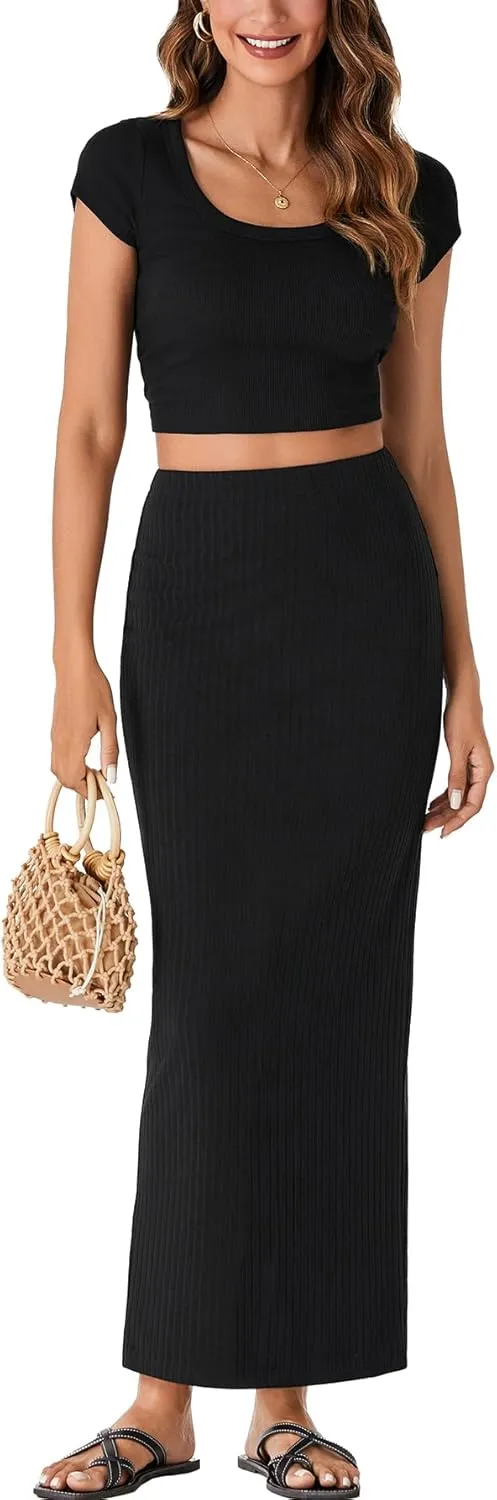 Rooscier Women's Bodycon Ribbed Knit Skirt Pencil Skirt Split Back Elastic High Waisted Maxi Long Skirt