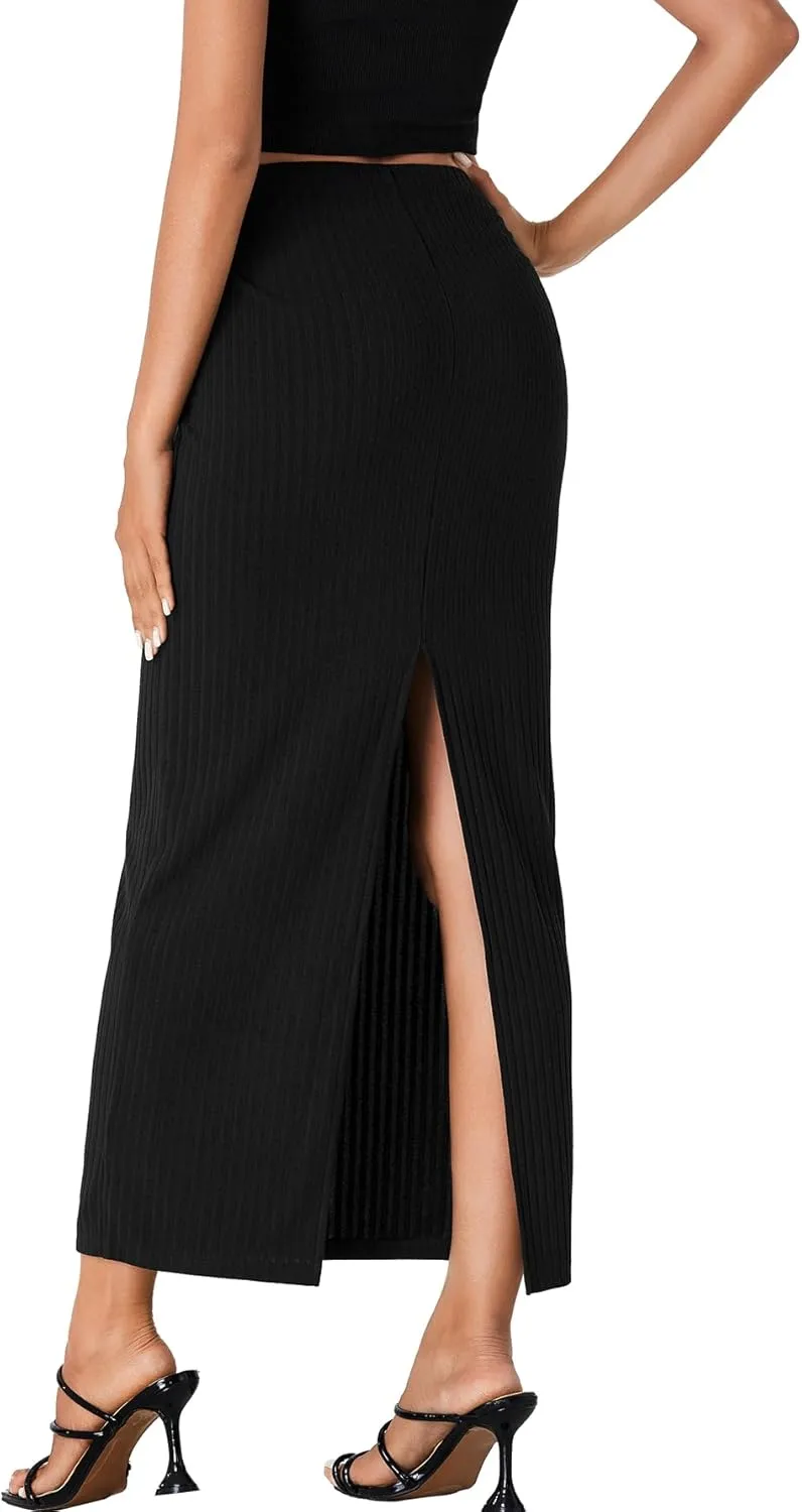 Rooscier Women's Bodycon Ribbed Knit Skirt Pencil Skirt Split Back Elastic High Waisted Maxi Long Skirt