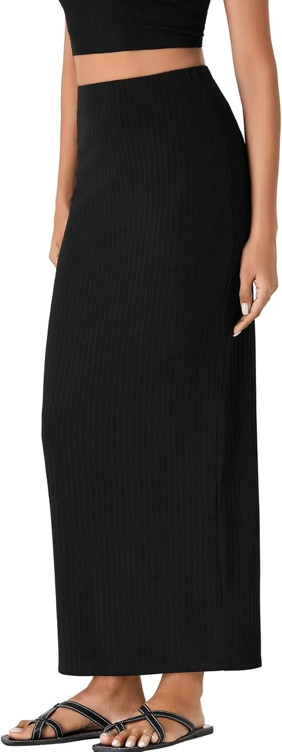 Rooscier Women's Bodycon Ribbed Knit Skirt Pencil Skirt Split Back Elastic High Waisted Maxi Long Skirt